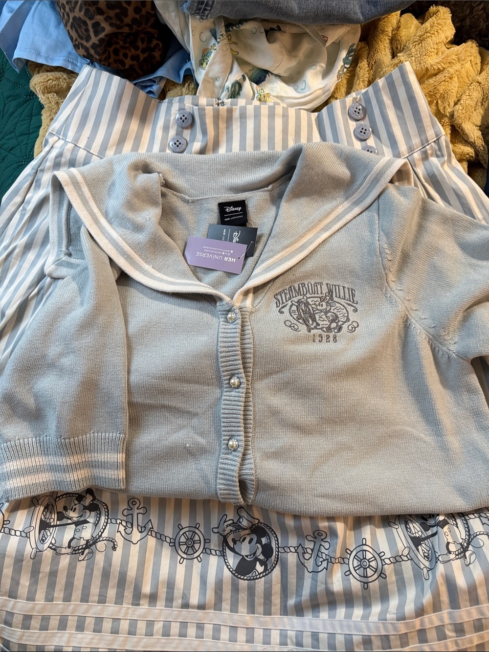 Striped Blue and White A-Line Skirt with Nautical Print
